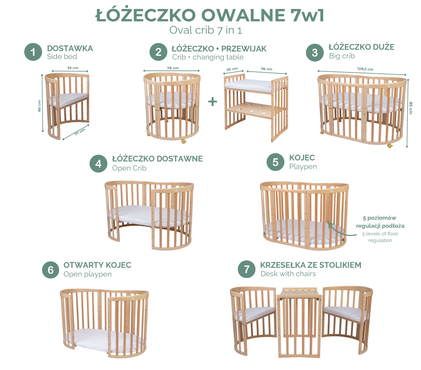 Waldin łóżeczko 7w1 Owalne z funkcją dostawki i kołyski