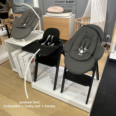 Stokke® Steps™ Zestaw 3w1, luksusowe krzesełko ergonomiczne + baby set + tacka | Black (model ekspozycyjny – salon Wrocław)
