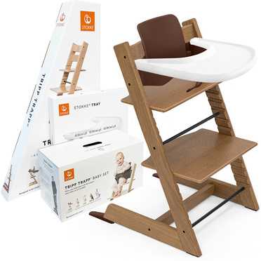 Stokke® Tripp Trapp® zestaw 3w1, krzesełko do karmienia + baby set + tacka | Exclusive Oak Brown (dąb)